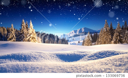 白雪皚皚的銀色世界，杉樹挺拔，雪花飄落，繁星閃爍在夜空中。一個夢幻美麗的聖誕冬日景色背景。 133069736