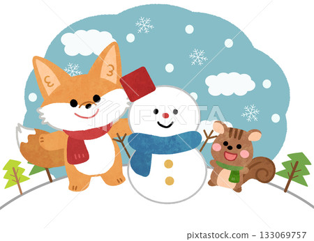 一隻狐狸和一隻松鼠與雪人玩耍的可愛插圖 133069757