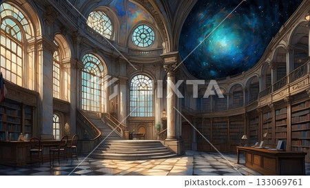 遊戲背景：美麗的奇幻世界星空宮殿圖書館大廳 133069761