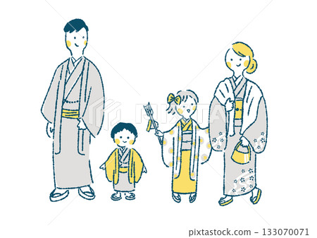 新年伊始,一家四口身著和服,首次前往神社參拜的插圖 新年伊始,一家四口身著和服,首次前往神社參拜的插圖 133070071