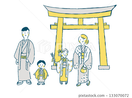 Illustration of a family of four in kimono going to visit a shrine for the first time in the new year 133070072