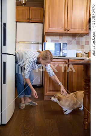 Senior Woman Playing With Corgi Dog in Kitchen Senior Woman Playing With Corgi Dog in Kitchen 133070470