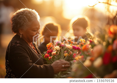 Elderly woman tends to vibrant flowers while children watch in a sunny garden at dusk, capturing a moment of connection and joy in nature 133070516