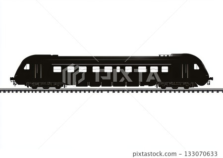 Silhouette of a sleek train car traveling along railway tracks under a clear sky during twilight, showcasing its streamlined design and modern aesthetics 133070633