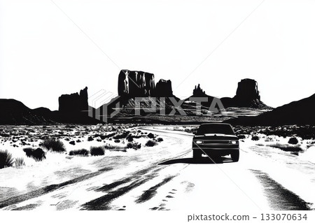 Driving through desert landscapes with striking rock formations at sunset in a remote area, showcasing the beauty of nature in stark black and white contrasts 133070634