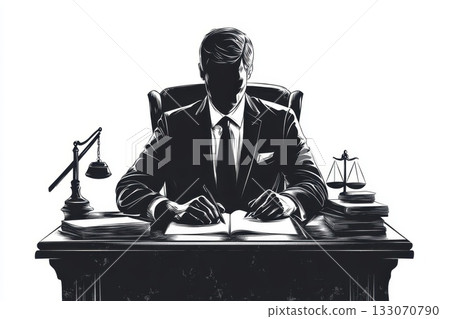 Focused attorney reviewing legal documents at a desk with law books in a professional office environment Focused attorney reviewing legal documents at a desk with law books in a professional office environment 133070790
