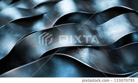 Metallic waves create a stunning abstract composition in a close-up view, showcasing the intricate play of light on textured surfaces in a dimly lit environment 133070795
