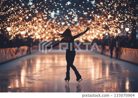 Skater glides gracefully on ice rink illuminated by twinkling lights in festive winter setting during evening hours Skater glides gracefully on ice rink illuminated by twinkling lights in festive winter setting during evening hours 133070904