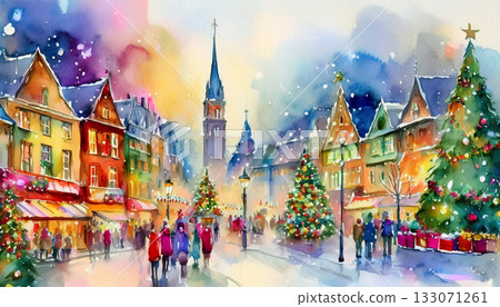 Watercolor Christmas town 133071261