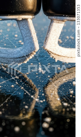 Ice skate blades resting on polished frozen lake surface with sharp reflections and frost detail winter minimal 133071353
