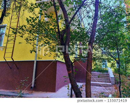 Bright yellow residential building with white window frames and metal balcony railings surrounded by trees in a calm courtyard. The sunlight enhances the renovated facade, making it suitable for Bright yellow residential building with white window frames and metal balcony railings surrounded by trees in a calm courtyard. The sunlight enhances the renovated facade, making it suitable for 133071419