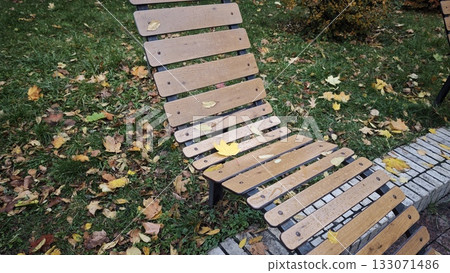 Empty wooden bench with fallen yellow leaves on wet grass in an autumn park. The image conveys calmness, solitude and the quiet beauty of the fall season 133071486
