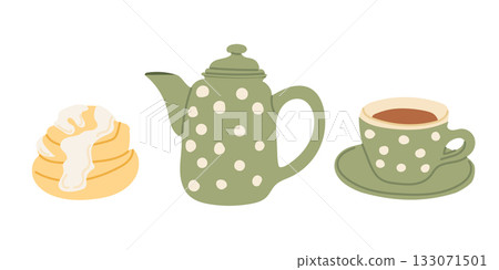 Cozy tea set with teapot, cup and pastry in soft colors and polka dot design. Hand drawn vector illustration symbolizing comfort, relaxation and home warmth 133071501