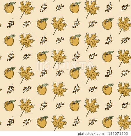 Seamless pattern with hand drawn autumn leaves, berries and apples on beige background. Symbol of harvest, seasonal nature design and cozy fall atmosphere Seamless pattern with hand drawn autumn leaves, berries and apples on beige background. Symbol of harvest, seasonal nature design and cozy fall atmosphere 133071503