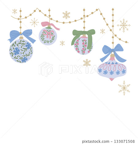 Elegant christmas banner with floral ornaments, bows and golden garland on white background. Hand drawn vector illustration representing festive decoration, holiday greeting and winter charm Elegant christmas banner with floral ornaments, bows and golden garland on white background. Hand drawn vector illustration representing festive decoration, holiday greeting and winter charm 133071508