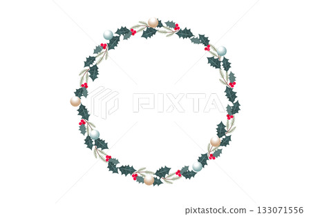 Christmas circle frame with holly and red berries 133071556