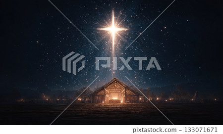 Under a starlit sky, a rustic wooden structure glows with light, symbolizing hope and faith. The celestial beacon above illuminates a scene of humble beauty. Peaceful scene. Under a starlit sky, a rustic wooden structure glows with light, symbolizing hope and faith. The celestial beacon above illuminates a scene of humble beauty. Peaceful scene. 133071671