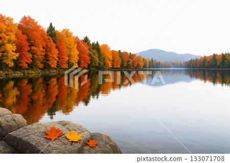 Autumn leaves and reflections on the lakeside 133071708