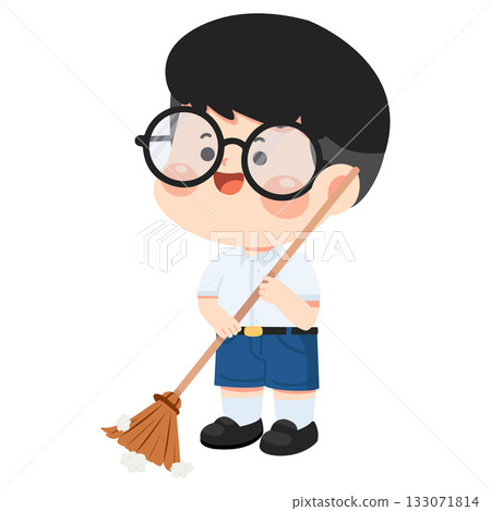 Illustration of Boy Sweeping with Broom Illustration of Boy Sweeping with Broom 133071814