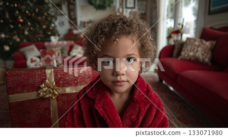 A cute toddler stares directly at the camera, seated in front of a large, beautifully wrapped gift, wearing a red robe, with a Christmas tree in the soft background. A cute toddler stares directly at the camera, seated in front of a large, beautifully wrapped gift, wearing a red robe, with a Christmas tree in the soft background. 133071980
