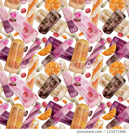Citrus berry fruit popsicle ice lolly with sliced orange, glossy dragee candy pearls. Isolated seamless pattern illustration hand drawn in watercolor. Artisan label, frozen dessert print, menu decor. Citrus berry fruit popsicle ice lolly with sliced orange, glossy dragee candy pearls. Isolated seamless pattern illustration hand drawn in watercolor. Artisan label, frozen dessert print, menu decor. 133071986