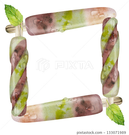 Creamy vanilla and chocolate popsicle ice lolly, mint sprig and soft glaze, melting water droplets. Isolated square frame illustration hand drawn in watercolor. Cold treat branding, eco dessert label. 133071989
