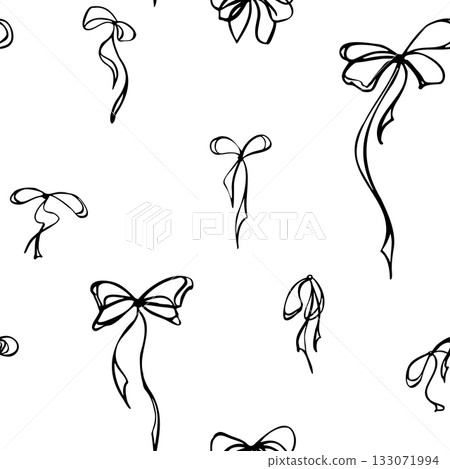 Hand drawn ribbon bows, tied knots, long tail ends and curls scattered in simple endless repeat. Vector ink seamless pattern illustration. Gift wrapping paper, holiday textile, festive background. 133071994