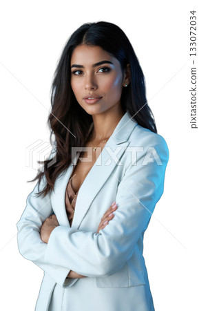 A South Asian female business magnate in a smart white blazer, standing against futuristic projections of economic growth and digital 133072034