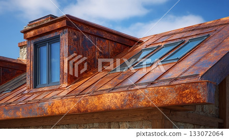 Eye-level view of the roof, showcasing three skylights, a gray-framed window, and a chimney, all set against a bright sky. The rustic, orange patina of the roof adds character. 133072064