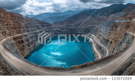 Panoramic view of a vast open-pit mine filled with bright turquoise water, nestled between rugged mountains under a cloudy sky. The stark contrast is stunning. 133072084