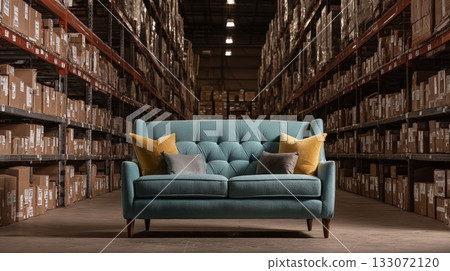 Charming turquoise sofa with decorative pillows, set against the backdrop of neatly stacked shelves, creating a striking contrast between comfort and industrial organization. 133072120