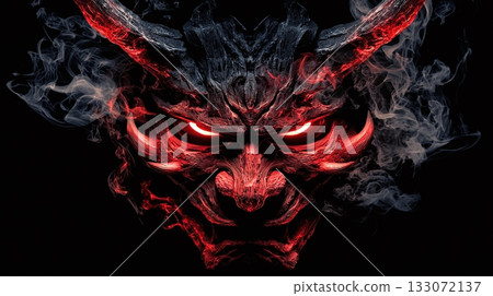 A sinister mask with glowing red eyes and menacing horns emerges from smoke, radiating an aura of dark fantasy. Powerful and intimidating, it evokes a sense of foreboding. 133072137