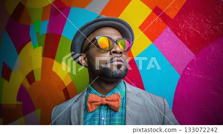 Dapper man in a fedora and colorful glasses, posing against a vibrant graffiti wall. His orange bow tie and checkered shirt add a touch of flair to his fashionable look. 133072242
