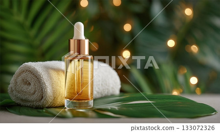 Golden serum and fluffy towel resting on a broad green leaf under soft bokeh lights. Ideal for wellness and skincare routines. Focus on natural beauty and relaxation. 133072326