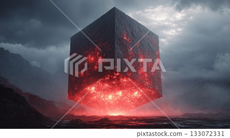 A mysterious, glowing cube hovers over a dark, moody sea. The cube emanates a fiery red light, contrasting with the stormy sky and rugged coastal landscape. #mystery #cube #fantasy 133072331