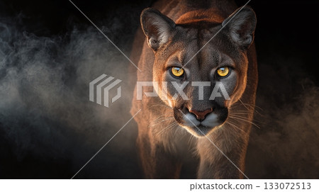 A stunning close-up of a wild cougar, capturing its intense gaze and powerful presence. The subtle background smoke adds an element of mystery and drama. Nature's beauty unveiled. 133072513