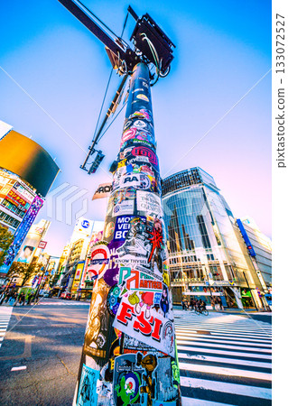 日本東京城市景觀－用貼紙記錄你的旅行回憶…沐浴在晨光中的十字路口，交通號誌上的貼紙等等… 133072527