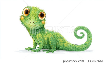 Charming illustration of a vibrant green lizard with big eyes and a playful, curly tail. The digital artwork shows the creature in a whimsical and friendly light. Charming illustration of a vibrant green lizard with big eyes and a playful, curly tail. The digital artwork shows the creature in a whimsical and friendly light. 133072661