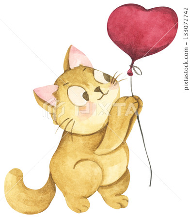 Cute cat in love on valentine day. Watercolor illustration. 133072742