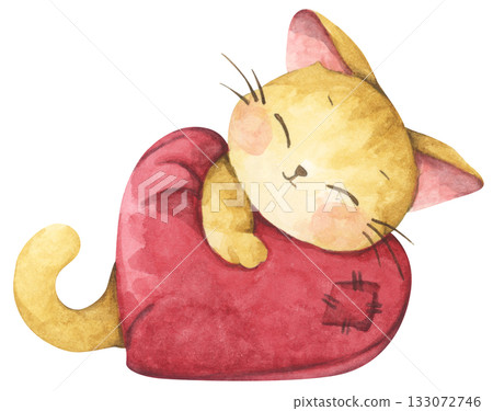 Cute cat in love on valentine day. Watercolor illustration. 133072746
