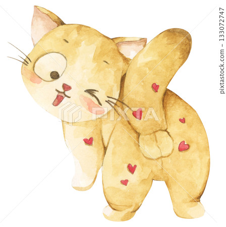 Cute cat in love on valentine day. Watercolor illustration. 133072747