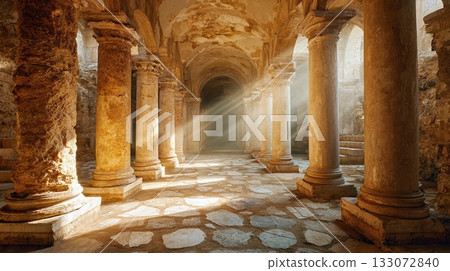 Ancient hall with stone pillars, aged walls, and sunbeams creating a path of light through arched tunnel. The architecture exudes timeless beauty and mysterious depths. 133072840