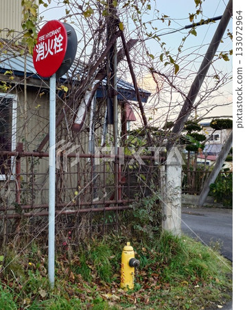 黃色消防栓和消防栓標誌 133072964