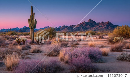 A serene desert landscape unfolds beneath a pastel sky. Towering cacti and purple sage dot the sandy expanse, with distant mountains adding depth to the tranquil vista. A serene desert landscape unfolds beneath a pastel sky. Towering cacti and purple sage dot the sandy expanse, with distant mountains adding depth to the tranquil vista. 133073047