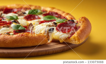 Savor a slice of homemade pizza topped with savory pepperoni, earthy mushrooms, and fresh basil. A delectable treat that captures the essence of Italian cuisine and culinary delight. 133073088
