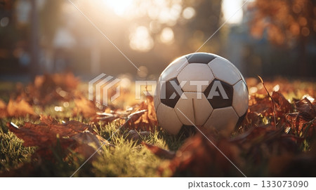 A black and white soccer ball rests peacefully amidst fallen leaves on a sunny autumn day, inviting a moment of tranquility and the anticipation of a game to be played. 133073090