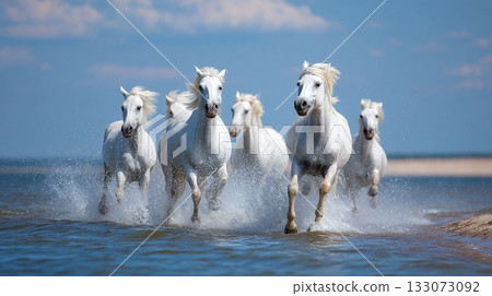 A powerful herd of white horses gallops through shallow, clear water, their movements kicking up a spray under a bright sky. Their manes flow freely, reflecting grace. A powerful herd of white horses gallops through shallow, clear water, their movements kicking up a spray under a bright sky. Their manes flow freely, reflecting grace. 133073092