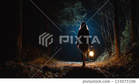 A solitary figure ventures into the depths of the forest, a flickering lantern her sole guide through the darkness. Mystery and solitude blend in the night. A solitary figure ventures into the depths of the forest, a flickering lantern her sole guide through the darkness. Mystery and solitude blend in the night. 133073106