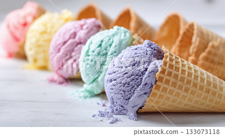 Colorful ice cream cones lined up on a white surface.  A sweet summer treat in pastel colors, perfect for a hot day or a refreshing dessert. Tasty treat. 133073118