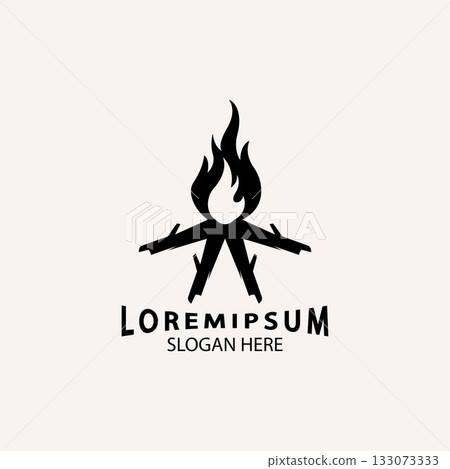 vintage Hipster bonfire Campfire logo badge label vector illustration on dark background. Crossed logs of wood and fire flame Classic badge 133073333